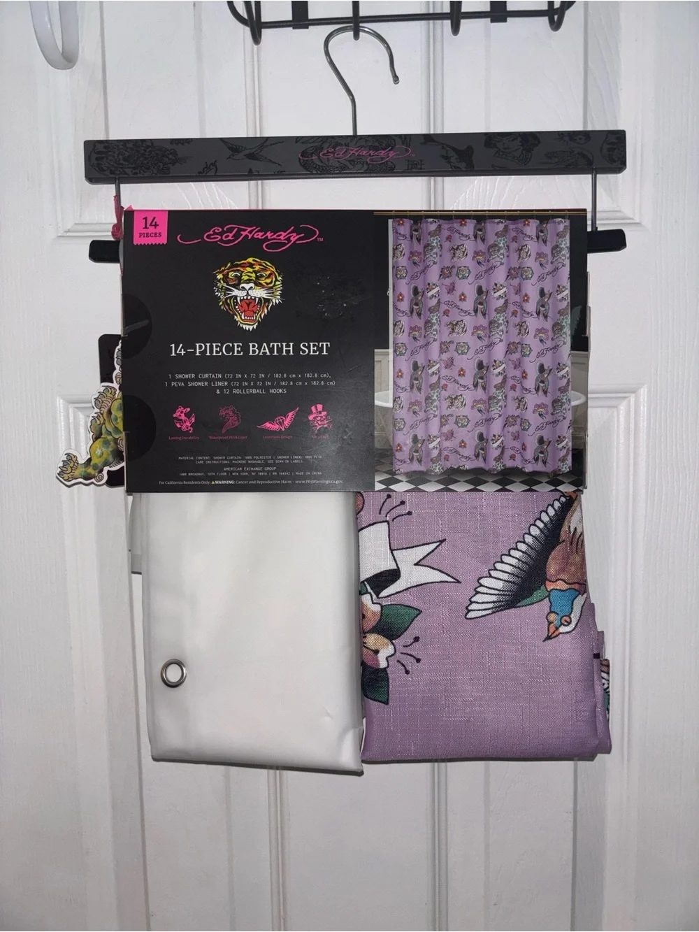 Ed Hardy Lavender Tattoo-Print Bath Set with White Liner